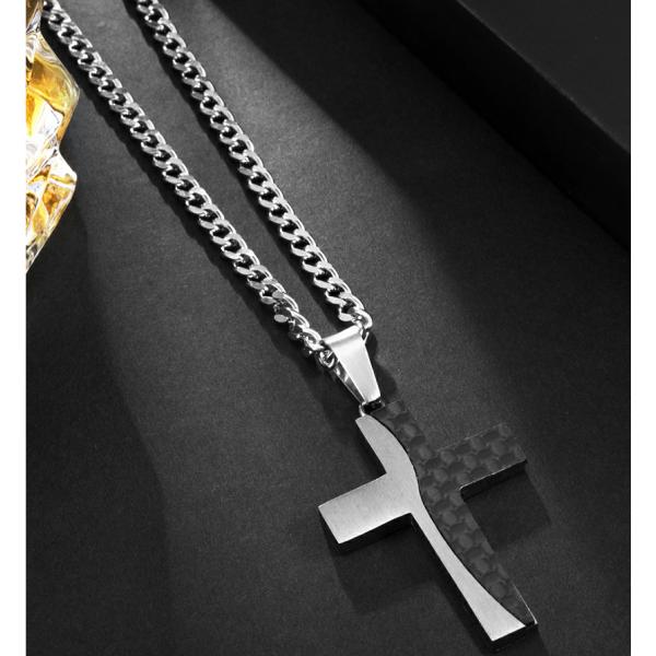 Collar de cruz de acero inoxidable para hombres Collar de cruz cristiana con fibra de carbono