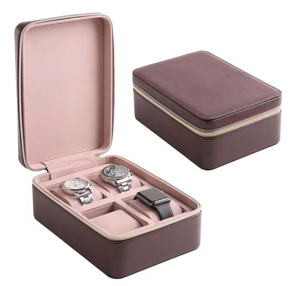 OEM ODM Custom 4 Slot Watch Box Luxury PU Leather Case Velvet Lining Durable Zipper Closure