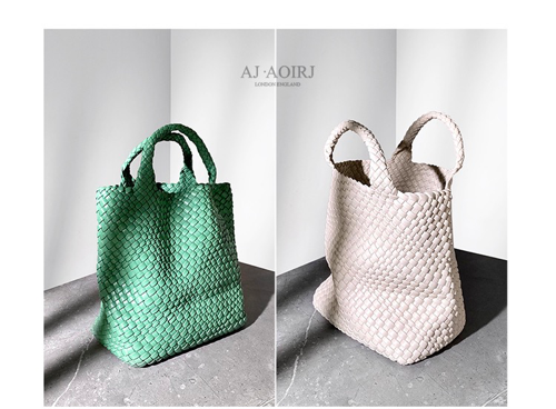 28cm Handheld Womens Leather Bag Green Hand Woven Tote Bag