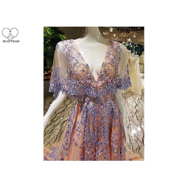 Backless Tailor Made Prom Dresses , Deep V Neck Floral Ball Gown Bat Wing Sleeve