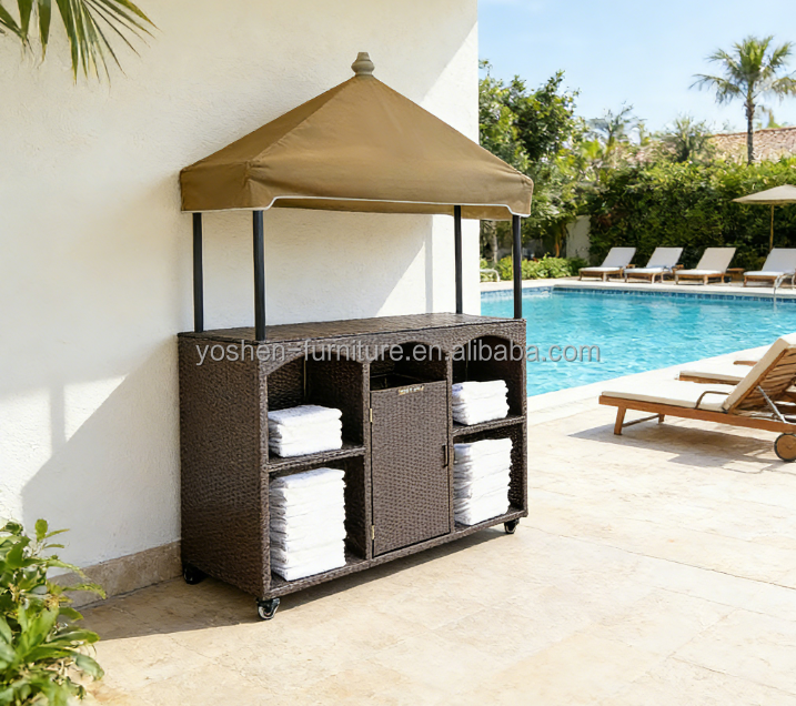 Best Selling Hotel Outdoor Pool Equipment Storage Plastic Rattan Pool Cabinet Towel Storage Poolside With Wheels