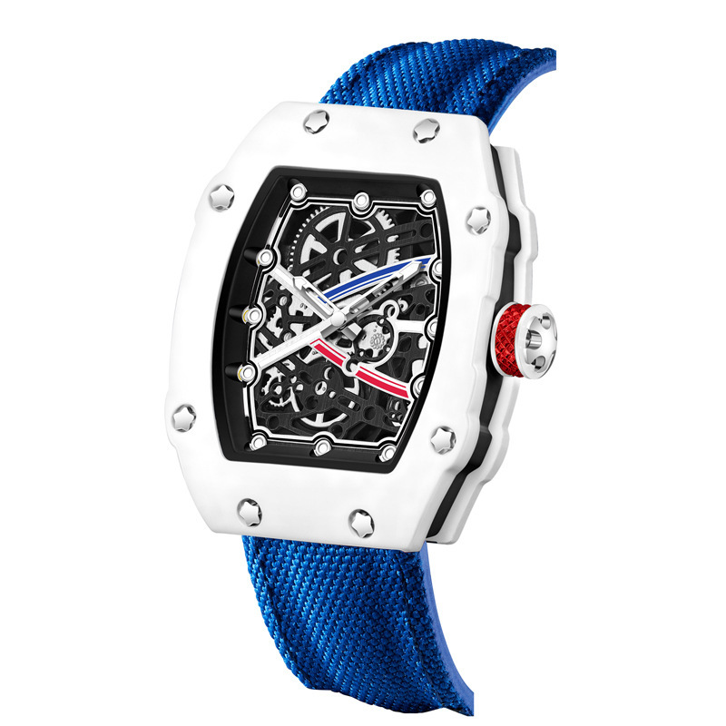 Men's Tonneau Skeleton Quartz Watch – Luminous Openwork Dial Silicone Strap