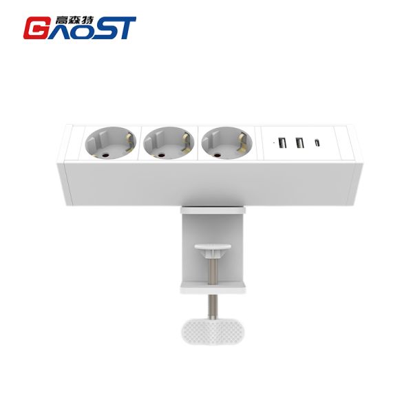 Aluminum Alloy Desk Clamp Power Outlet with 3 Schuko Outlets and 45mm Max Desk Thickness