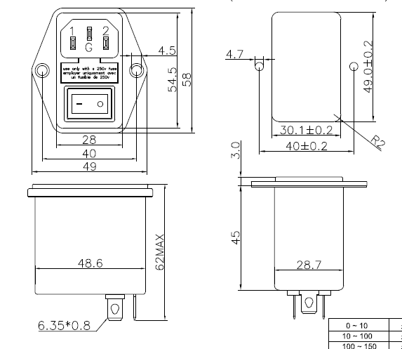 одиночная фаза 115V 250V 3A 6A затыкает в шумовом фильтре EMI фильтра RFI