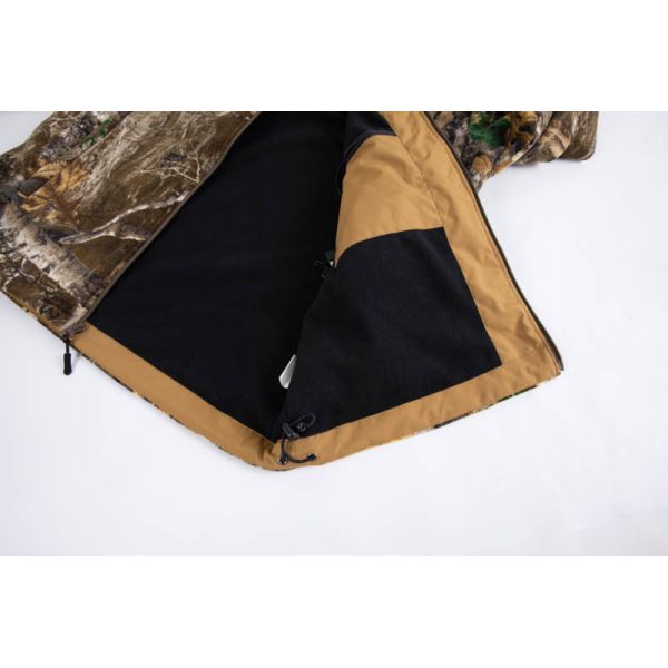 USB Heated Hunting Jacket with Forest Camo and Fleece Lined Softshell for Outdoor Use