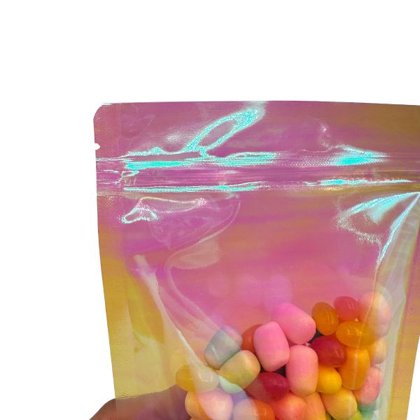 Custom Rainbow Holographic Pink Color Stand Up Pouches with Resealable Zipper for Packaging Food, Candies, Accessories,