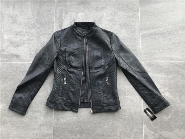 Black Pu Leather Coat / Pleather Biker Jacket With Multi Top Stitching Tw75796