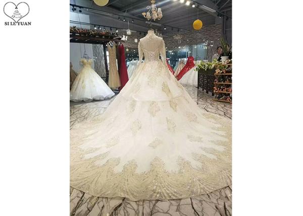 High Neck Ivory Ball Gown Wedding Dress Backless Long Sleeve Gold Beading