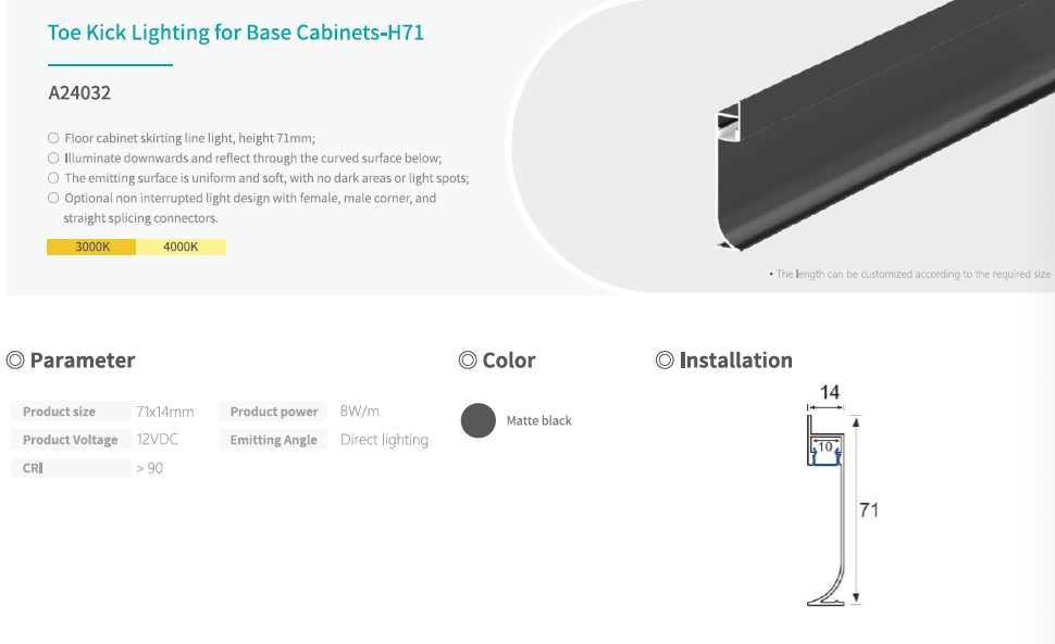 Matte Black Toe Kick LED Light Slim Curved Profile Under Cabinet Downward Lighting