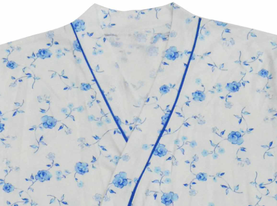 Ladies Cotton Jersey Blue Floral Printed Bath Robe Kimono Wrap Blue Piping 3/4 Sleeve