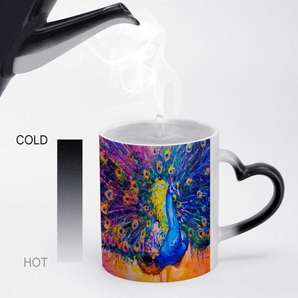 Colorful Peacock Color Changing Mug Ceramic Coffee Heat Sensitive Cup Discoloration with Handle for Men Women