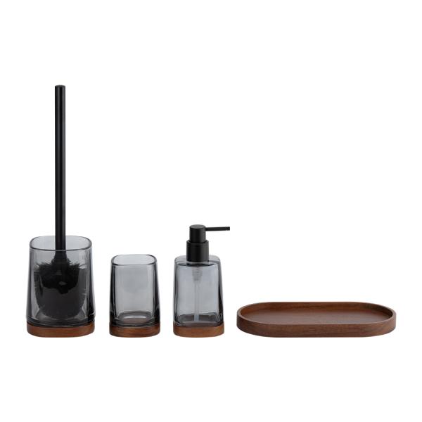 4pcs accesorios de baño de vidrio de humo con botella de jabón de mano de madera