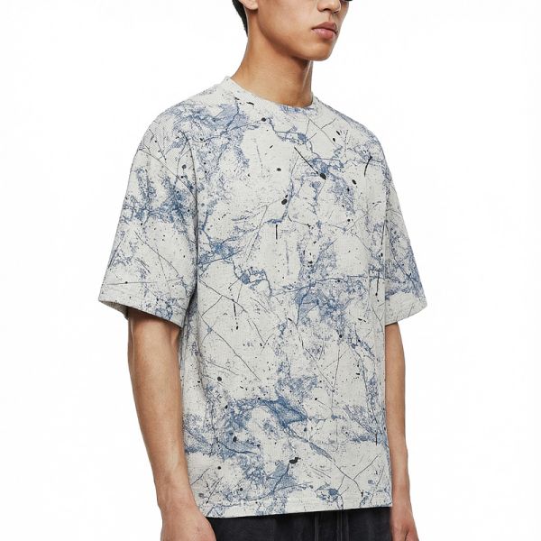Vintage City Boy Men's Oversized Printed Knitted T-Shirt 65% Cotton 30% Polyester 5% Spandex 200g Cool Stretch Breathable Short
