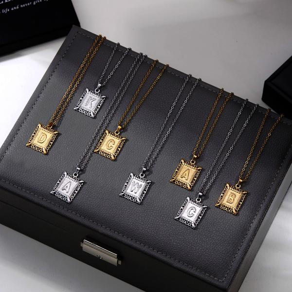 Fashion Letter Pendant Necklace Initial Stainless Steel Silver 18K Gold Initial Necklace Pendant Rectangle
