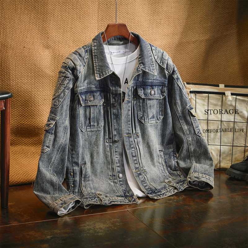 Daily Pleated Fabric Hem mens denim jacket wholesale Stone Wash Long Sleeve Custom (JK764)