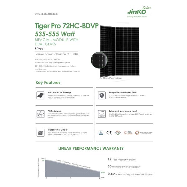 Tiger Pro 72HC-BDVP P-Type Bifacial Module Jinko Солнечная панель 535W 540W 545W 555W