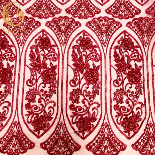 Red 3D Beaded Lace Fabric Handmade Embroidery With Sequins