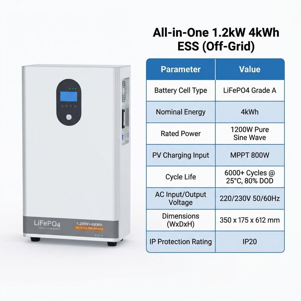 1.2kW 4kWh All In One LiFePO4 Solar ESS Off Grid Home Solar Energy Storage Kit - Tianon