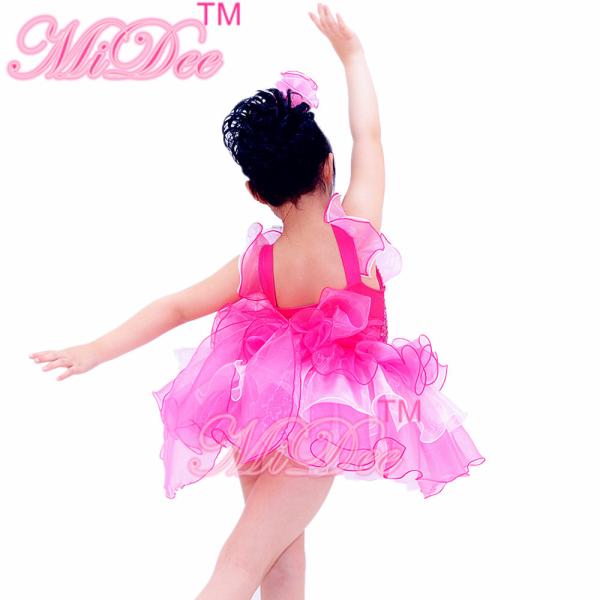 White And Cerise Two Tones Ruffle Tiers Skirt Leotard Under Back Waist Big Bow Dance Competition Costumes