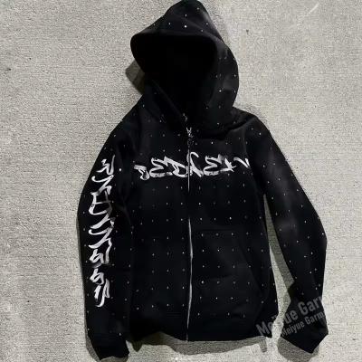 Logo imprimé sur écran en strass sur mesure Pas de chaussures Hoodie surdimensionnée Distressed Poids lourd Coton fermeture à glissière Hoodies Streetwear Hoodie