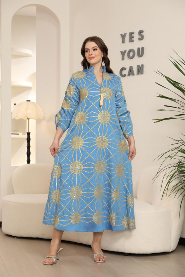 MT446    Middle Eastern Modest Wear Sunburst Print Tassel V-Neck Abaya