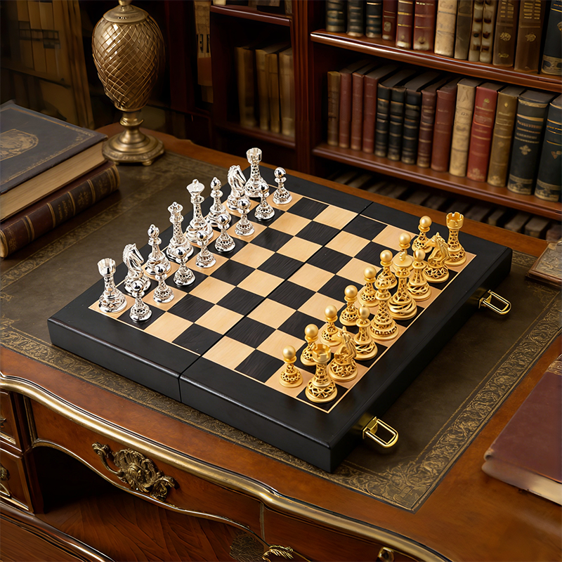 Antique Bronze & Silver Hollow Carved Brass Chess Set for Luxury Tabletop Decor and Tournament Play