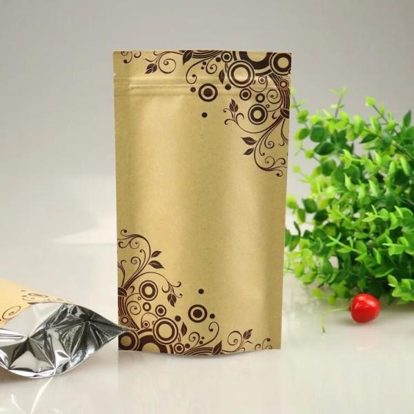 Stand Up Brown Kraft Coffee Bags Eco Friendly Flat Bottom With Clear Window Zipper