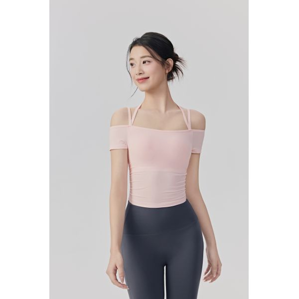 Off Shoulder Short Sleeve Yoga Top with Double Strap Design, Soft Breathable Fabric in Light Pink for Workout and Fitness