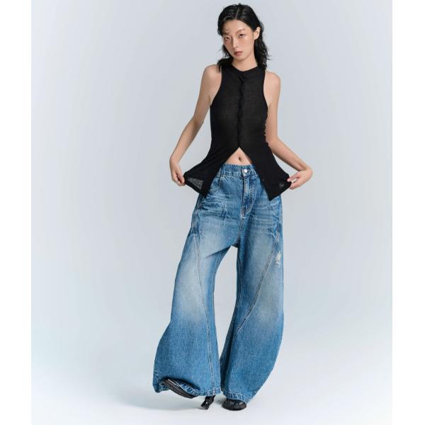 Denim Fabric Deconstructed Wide Leg Jeans for Men and Women in Plus Size Streetwear