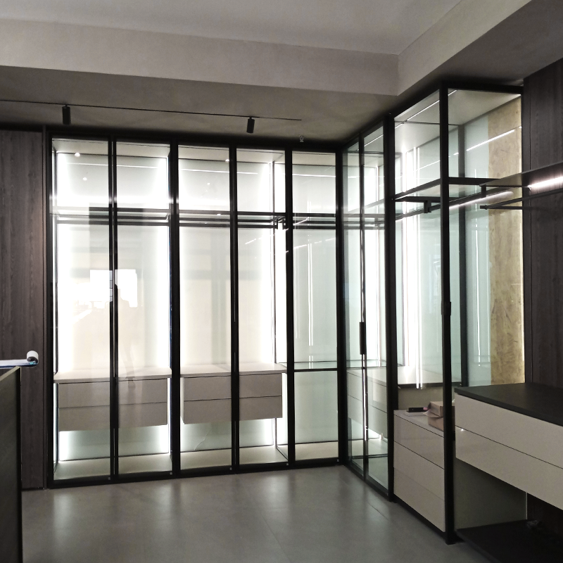 Custom Designed for Wardrobe Closet Modern LED Lighted Aluminum Metal Storage Shelves Glass Coating Technology Clear Wardrobe
