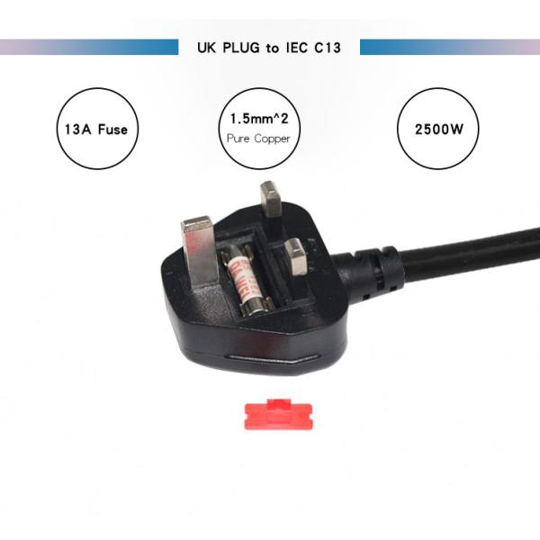 BS1363 UK 3 Pin Power Cable , 250v 13a Fused Plug IEC C13 Power Cord