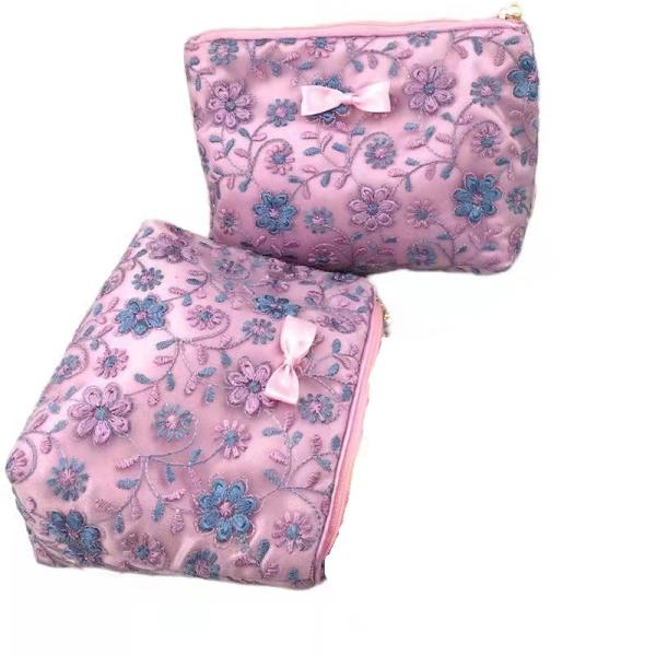 Customized Purple Flower Pattern Large Zipper Makeup Bag Lace Cloth Embroidery
