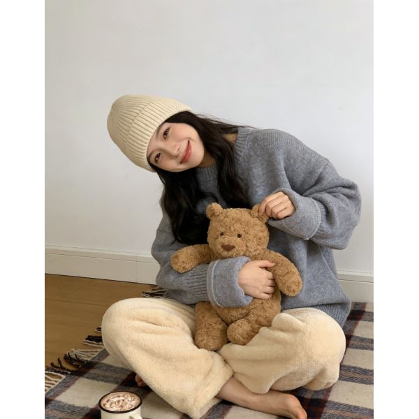 Women's Teddy Fleece Wide Leg Lounge Pants - Brown/Beige/Blue/Pink 4 Colors