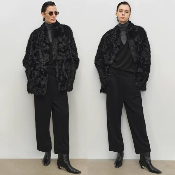 Persian Lamb Faux Fur Coat with Stand-up Collar Cruelty-Free Hip-length Loose Outerwear for Women