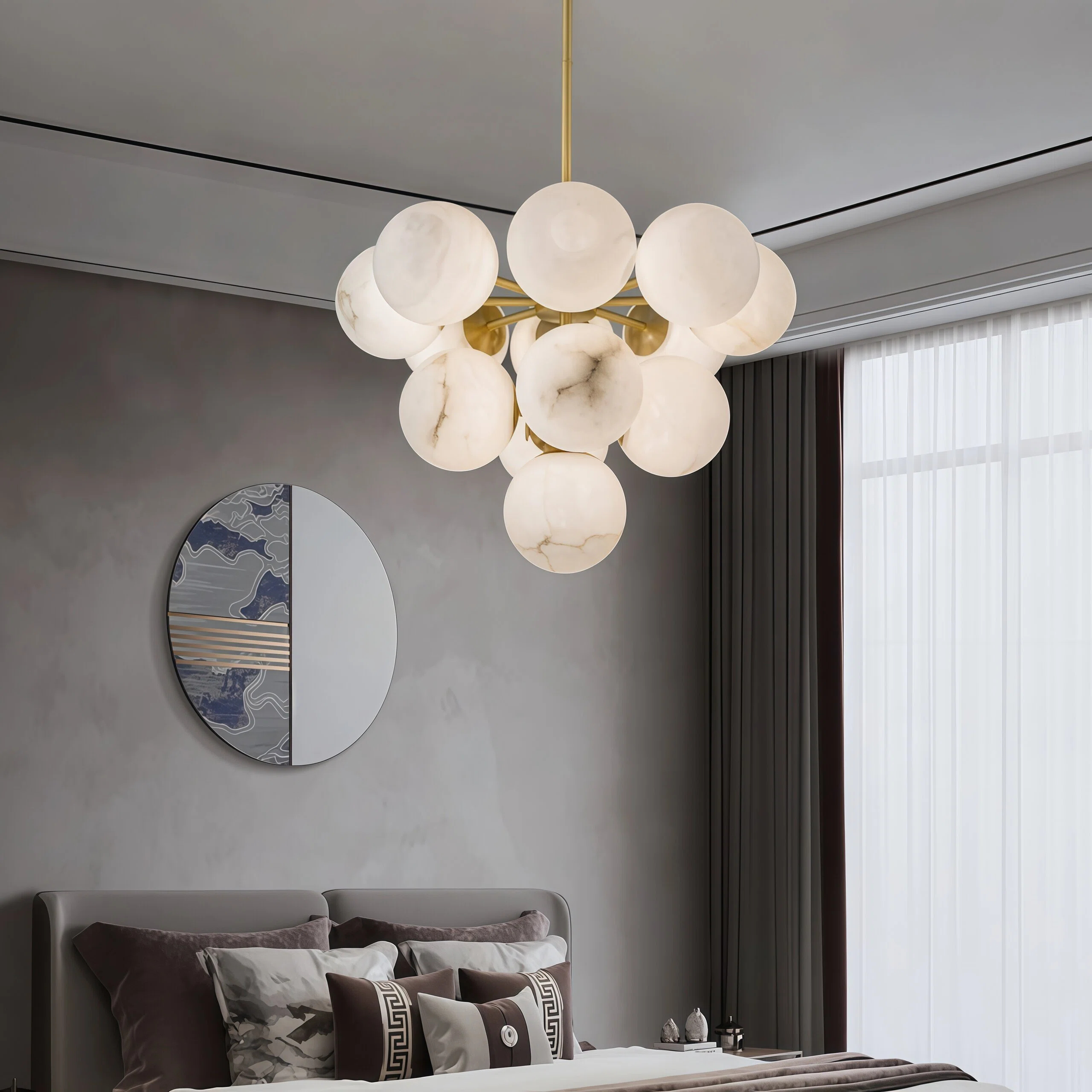 JYLIGHTING Modern Bubble‑Sphere Marble Chandelier, Solid Brass Suspension Lamp for Luxury Villa, Dining Room and Hotel Reception Interior Projects