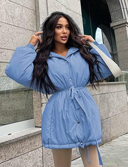 100% Polyester Belted Ladies Long Puffer Coat Jackets Zipper Closure