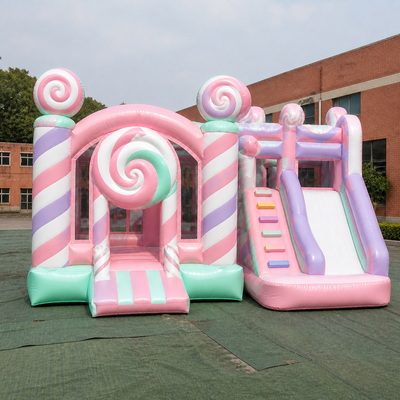 Pastel Candy Inflatable Bouncer Slide with Lollipop Decorations Dual Play Areas and Safety Mesh