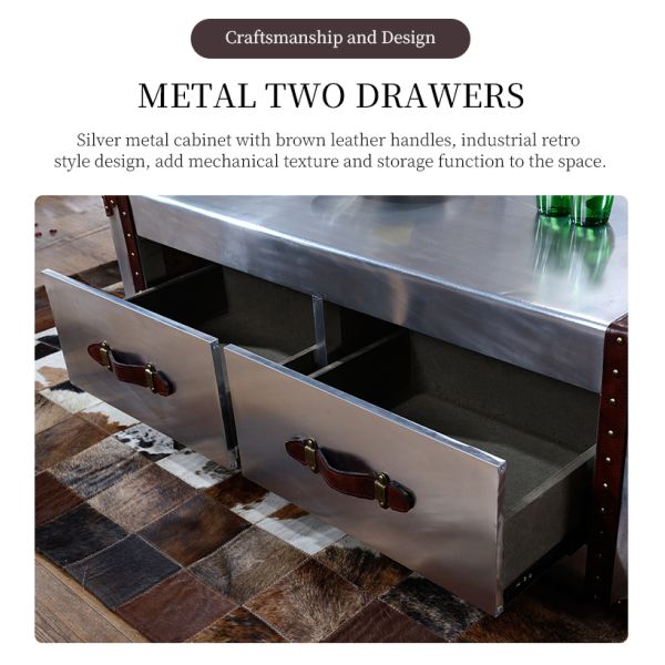 Nidea #8515 Industrial-Style Aluminum Panel Riveted Metal Retro Handmade Durable Side Corner Table 2-Drawer Living Room Coffee