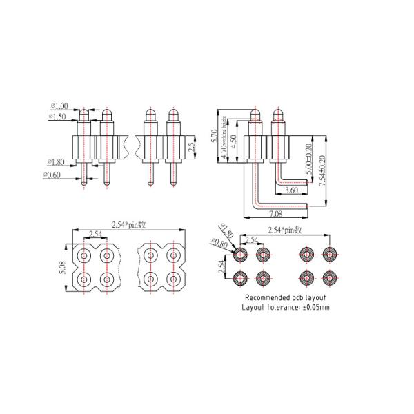 Brass Spring Loaded Connector 2.54mm Pitch Right Angle Pogo Pin Connector 16Pin Male Female