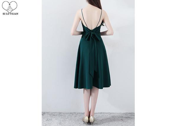 Dark Green Sleeveless Backless Prom Dress Polyester Fabric Back Bow Short Length