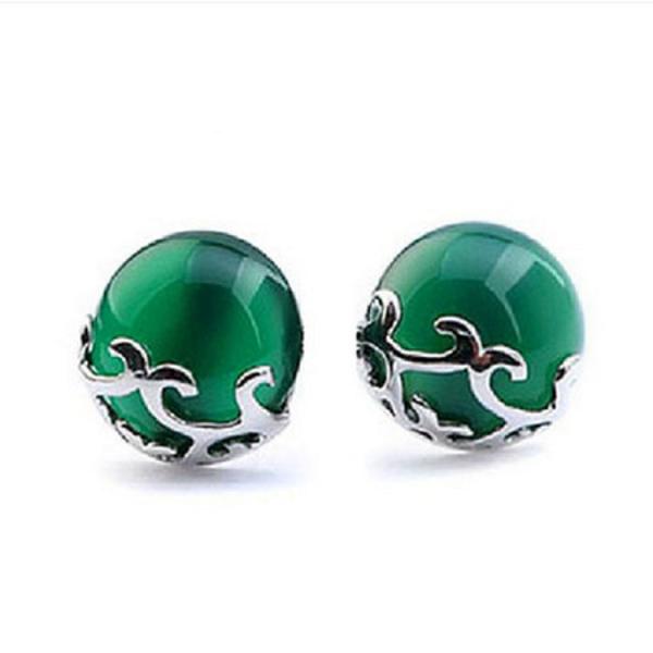 Sterling Silver Green Agate Stud Earrings Vintage Thai Silver Jewelry (E11065GREEN)