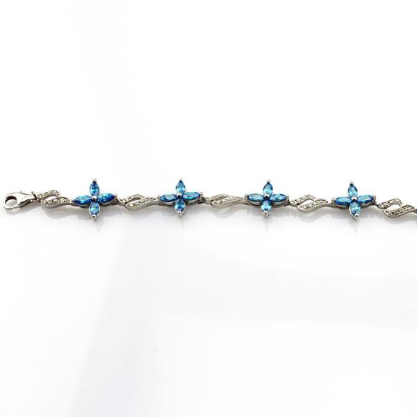 925 Silver Jewellery Quatrefoil Blue Topaz Cubic Zircon Tennis Bracelet (B04BLUE)