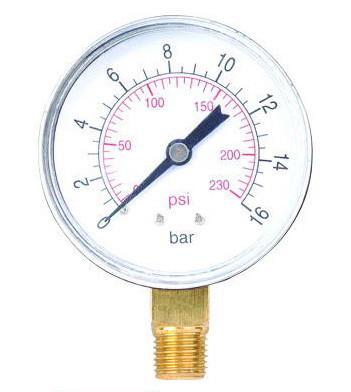 pressure gauge, pressure gage, pressure meter, piezometer, pump accessory