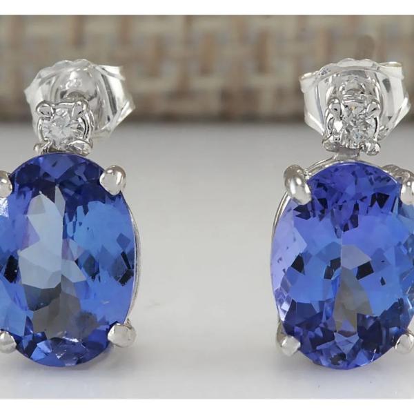 boucles d'oreille naturelles véritables de Tanzanite d'ovale de l'or 14k blanc avec la CZ