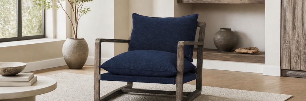 Contemporary Navy Lounge Chair with Open Solid Wood Frame LG-5004