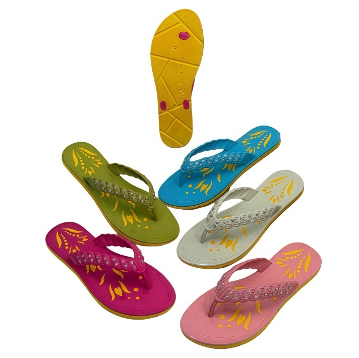PVC Women Braided Rhinestone Strap Thongs With Floral Print Sole And Yellow Contrast Edge