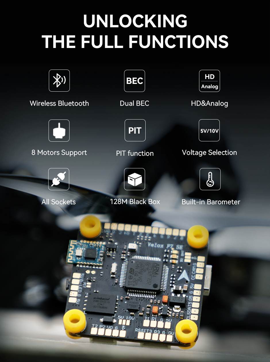 T-MOTOR Velox F7 SE 2-27V(3-6S) Flight Control RC Mini Micro FPV Drone Parts Flight Control 30.5x30.5mm 12-27V 3-6S FC for Drone