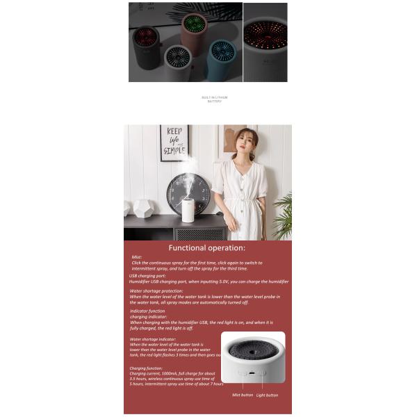 750ml Wireless USB Air Humidifier 2000mAh Battery Rechargeable Cool Mist Humidifier