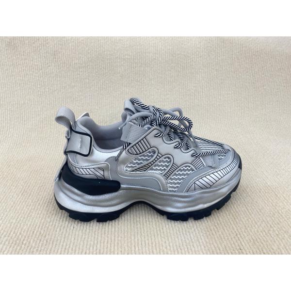 Fashion Comfort Sneakers With Mesh Upper Authentic Leather And Lacing Silver