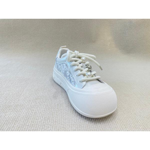 Heightening Sneakers PU White Leather Espadrilles With Pearl Flower